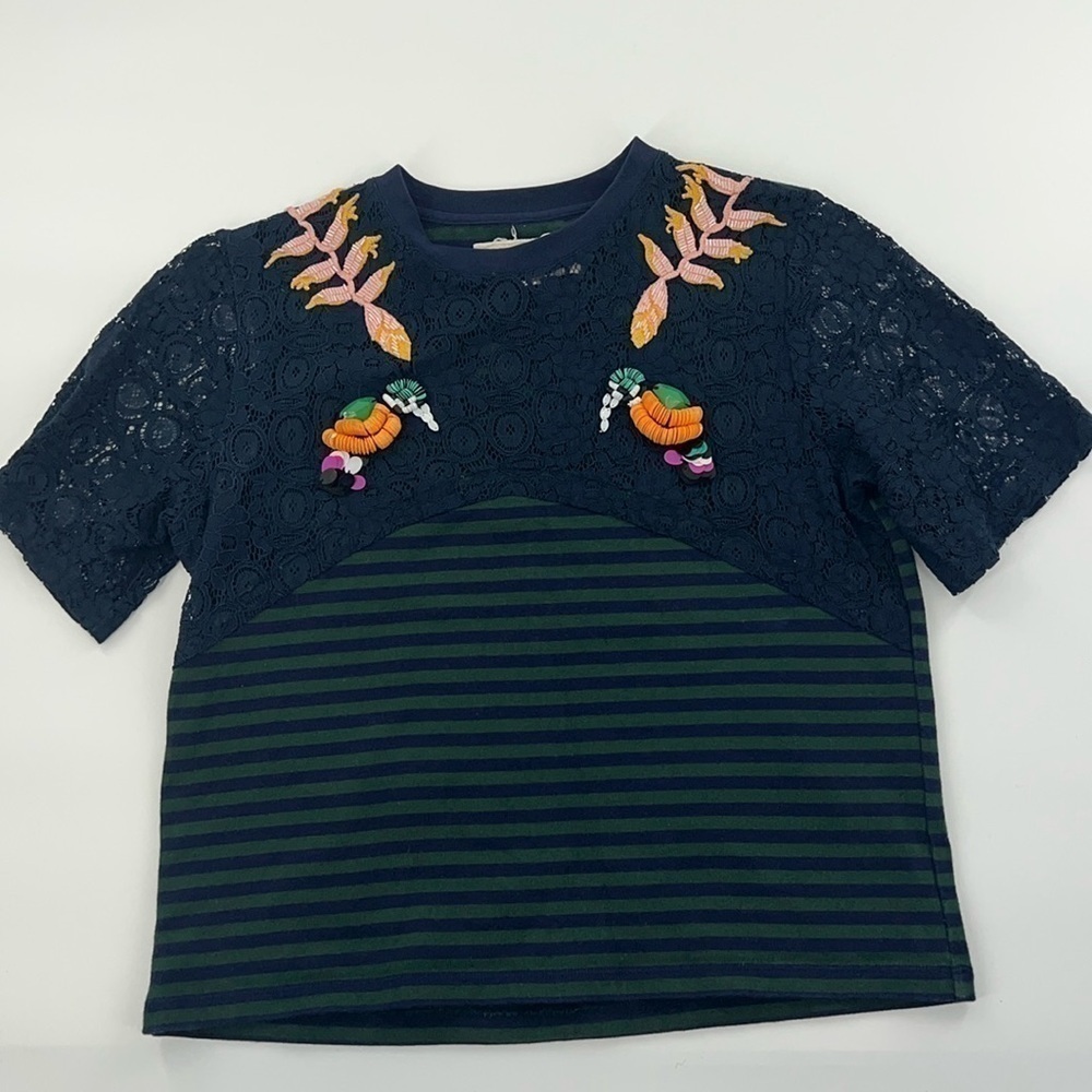 Unique Betina bird beaded striped and lace top medium​​​​​​​​​​​​